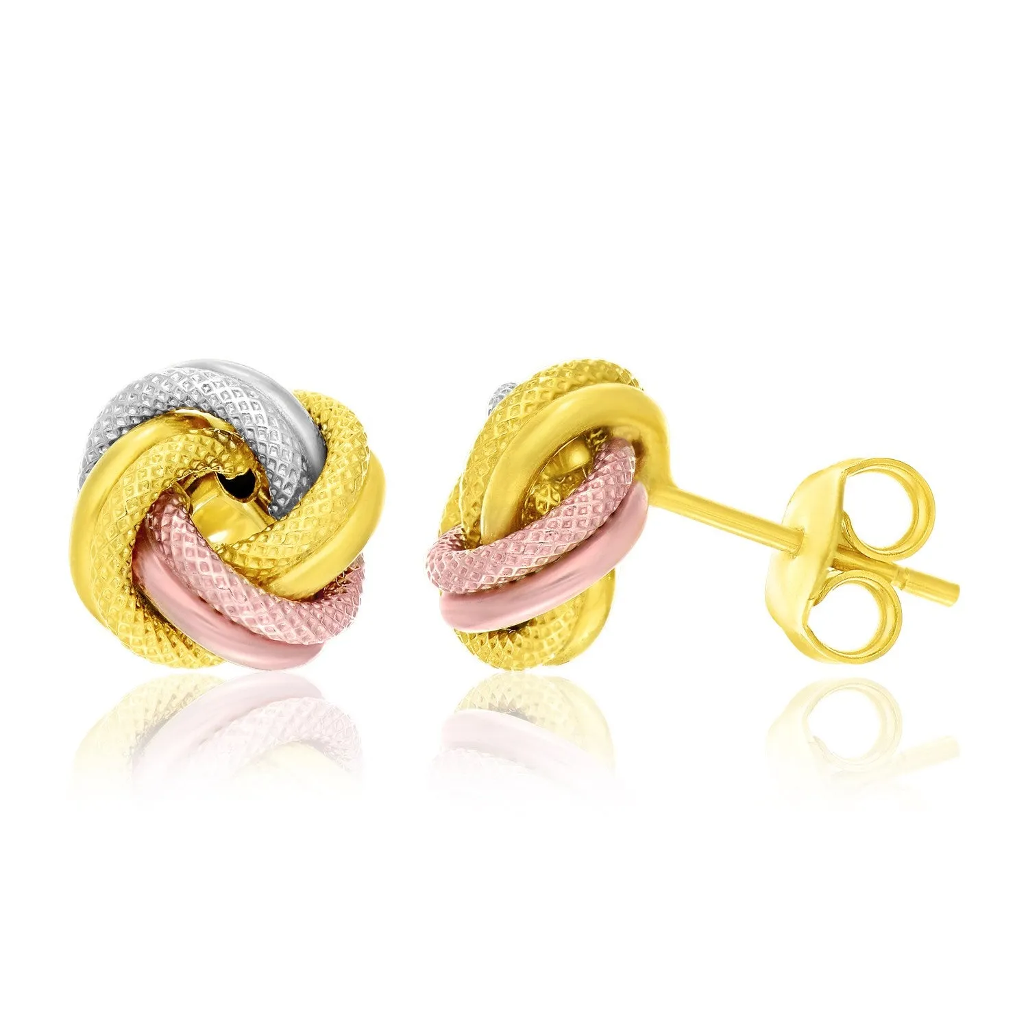 14k Tri-Color Gold Textured Love Knot Style Earrings-rx76646