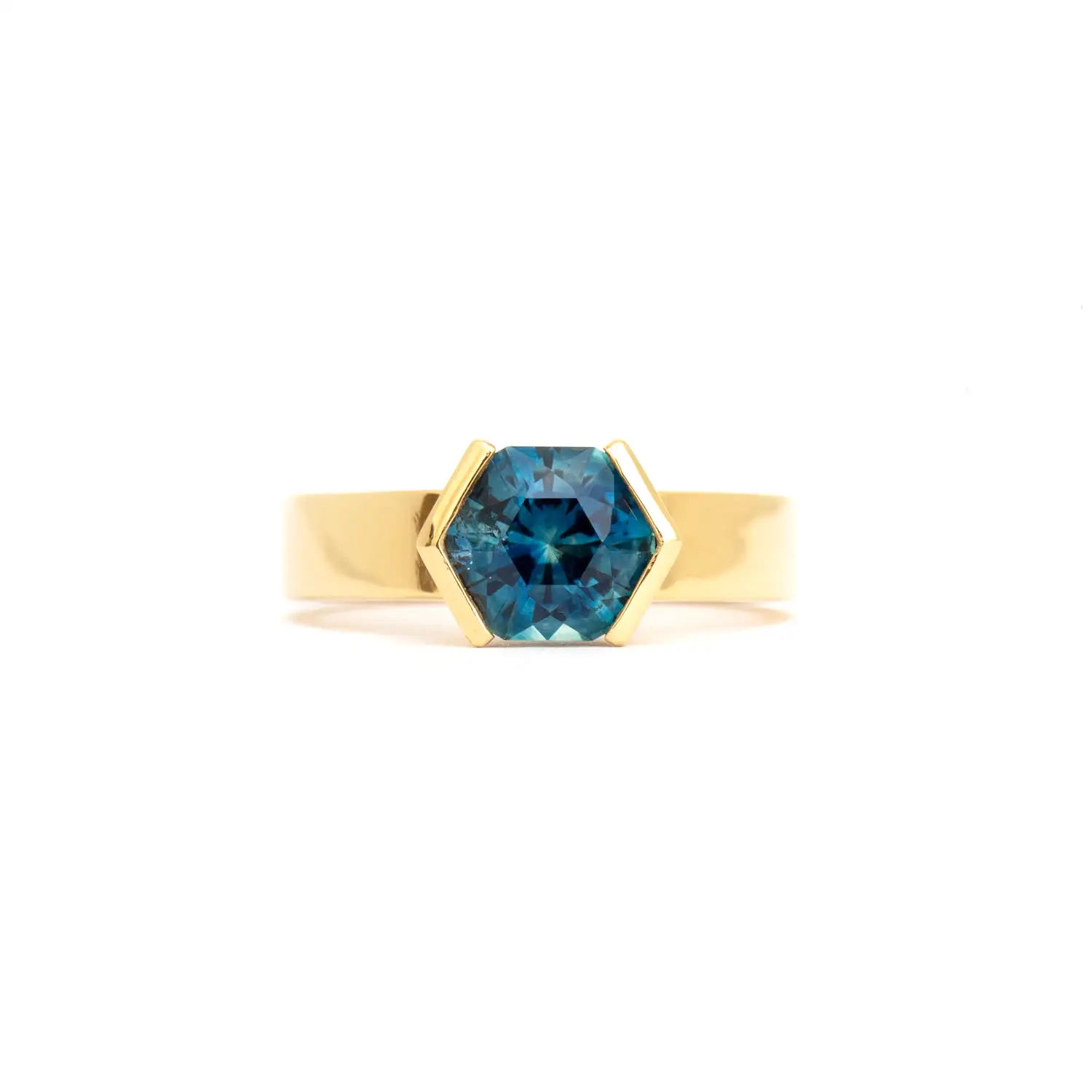 2.00 ct Blue Hexagon Montana Sapphire Half-Bezel Temple Ring