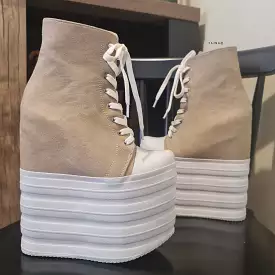 Beige Hidden Platform Sport Lace Up Wedges