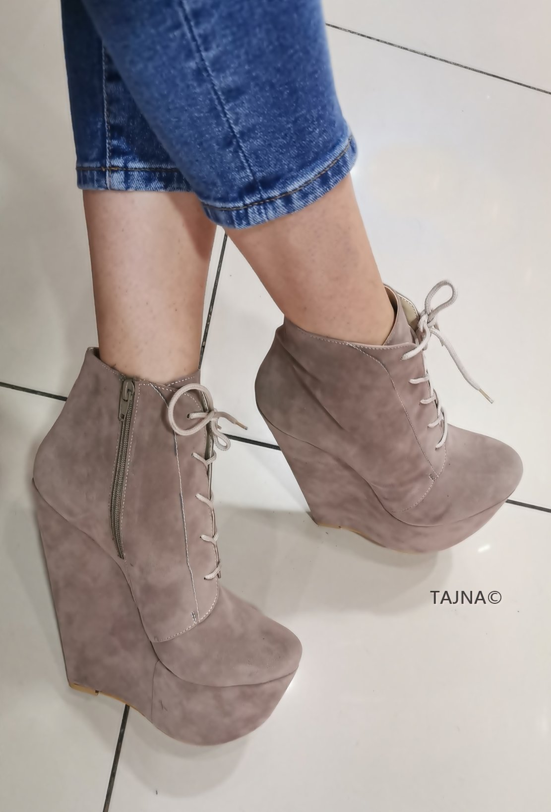 Beige Suede Lace Up Ankle Wedge Booties