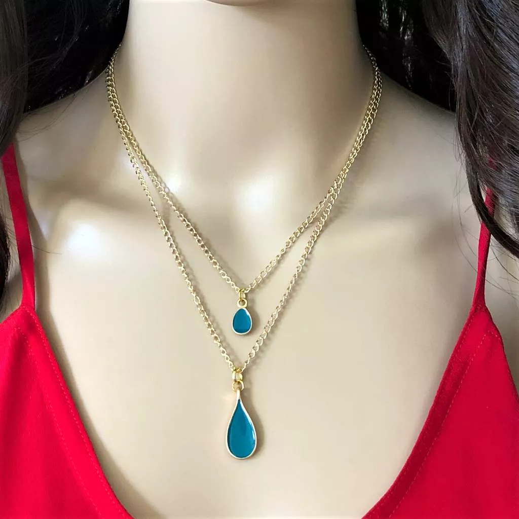 Colorful Enamel Teardrop Layered Gold Chain Necklace