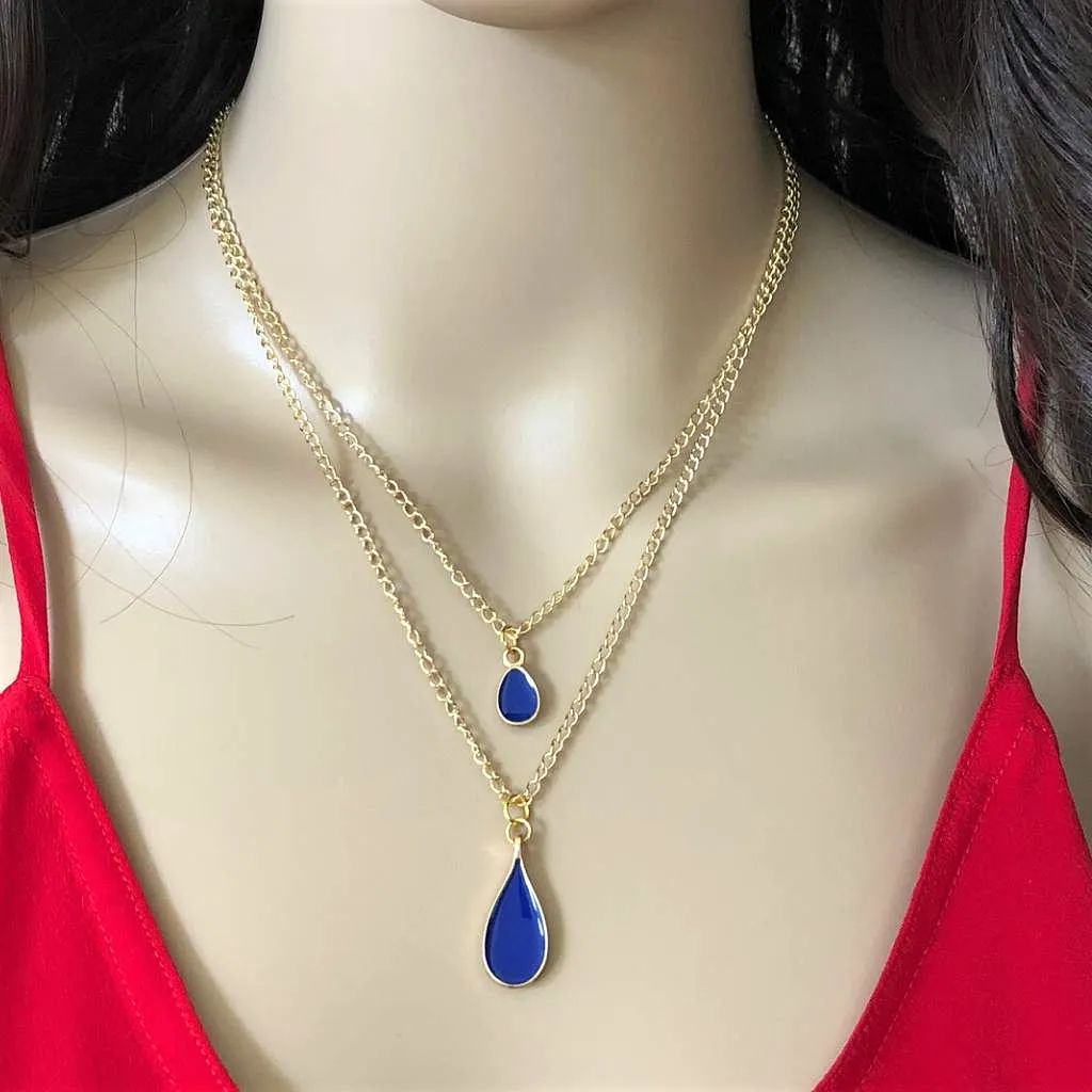 Colorful Enamel Teardrop Layered Gold Chain Necklace