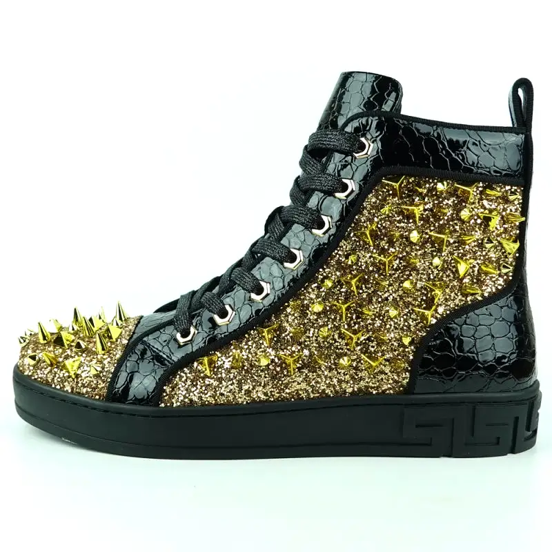 FI-2369 Black Gold Spikes High Top Sneakers