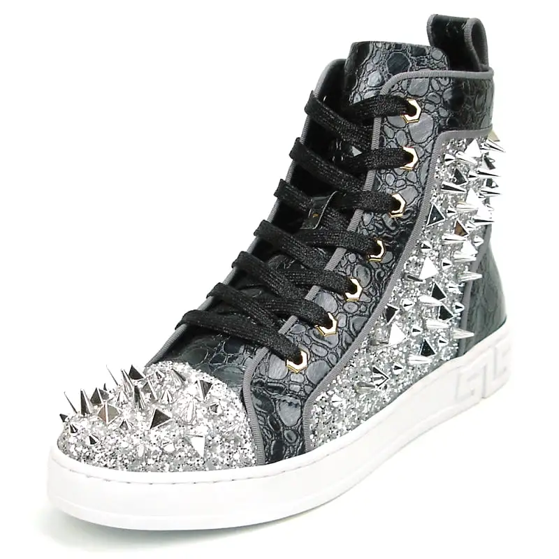 FI-2369 Black Silver Spikes High Top Sneakers