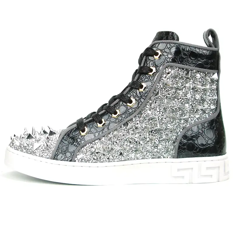 FI-2369 Black Silver Spikes High Top Sneakers