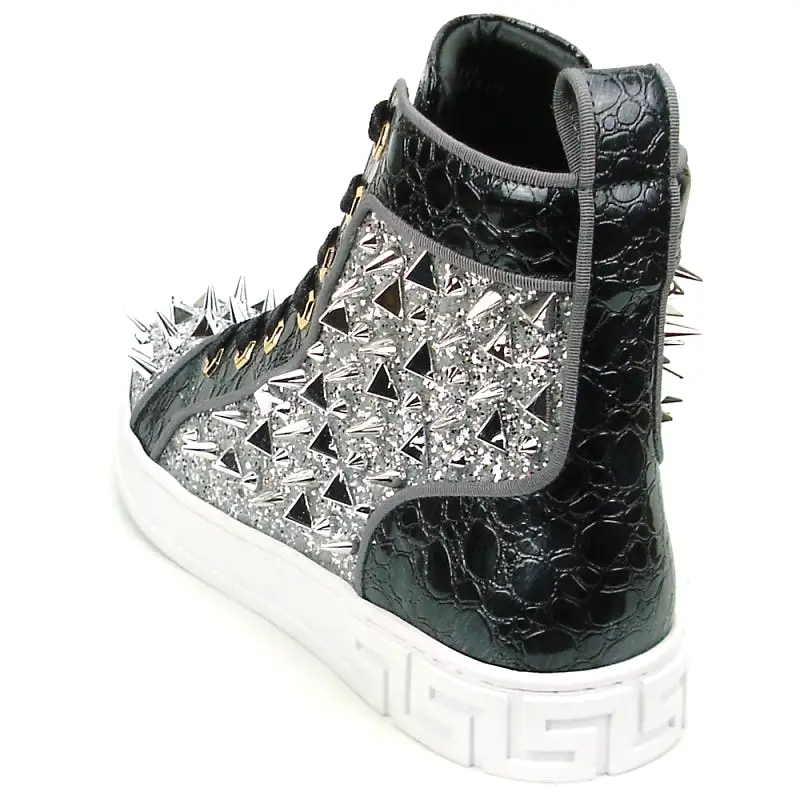 FI-2369 Black Silver Spikes High Top Sneakers