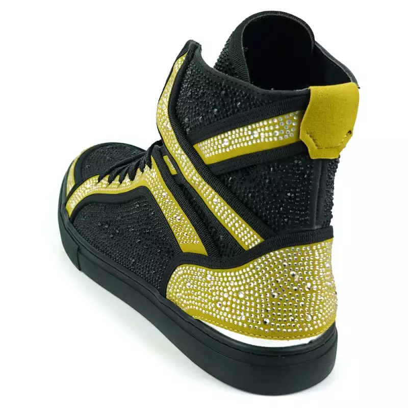 FI-2402 Black Gold Rhinestones High Top Sneakers