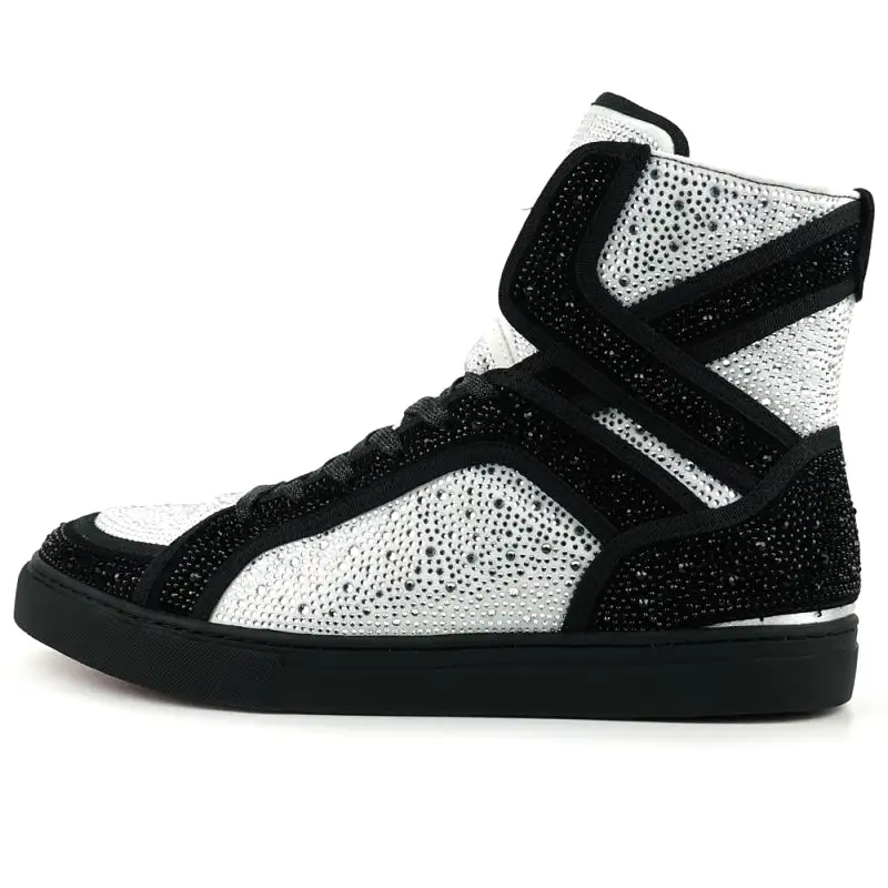 FI-2402 Black White Rhinestones High Top Sneakers