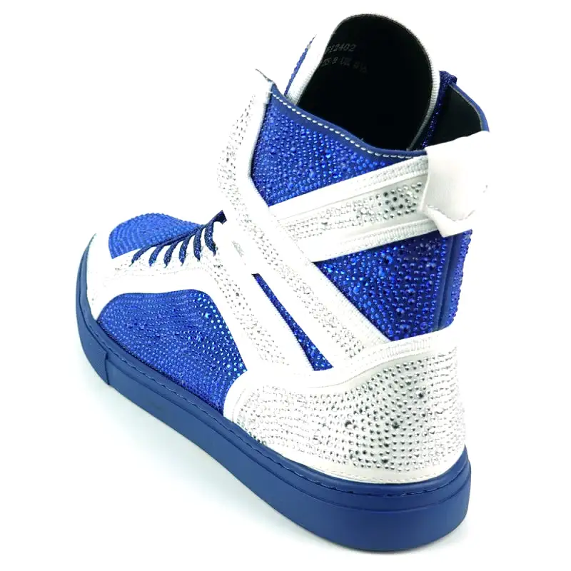 FI-2402 White Blue Rhinestones High Top Sneakers