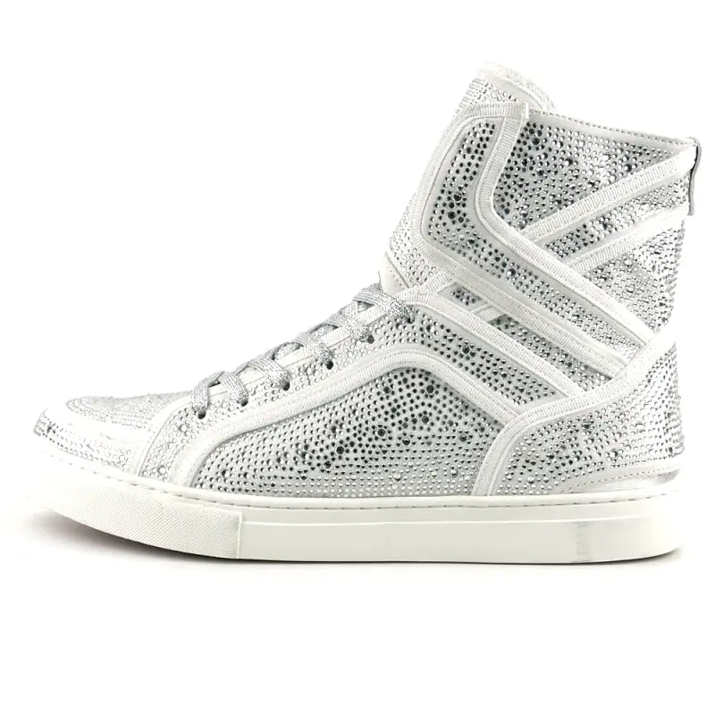 FI-2402 White Rhinestones High Top Sneakers