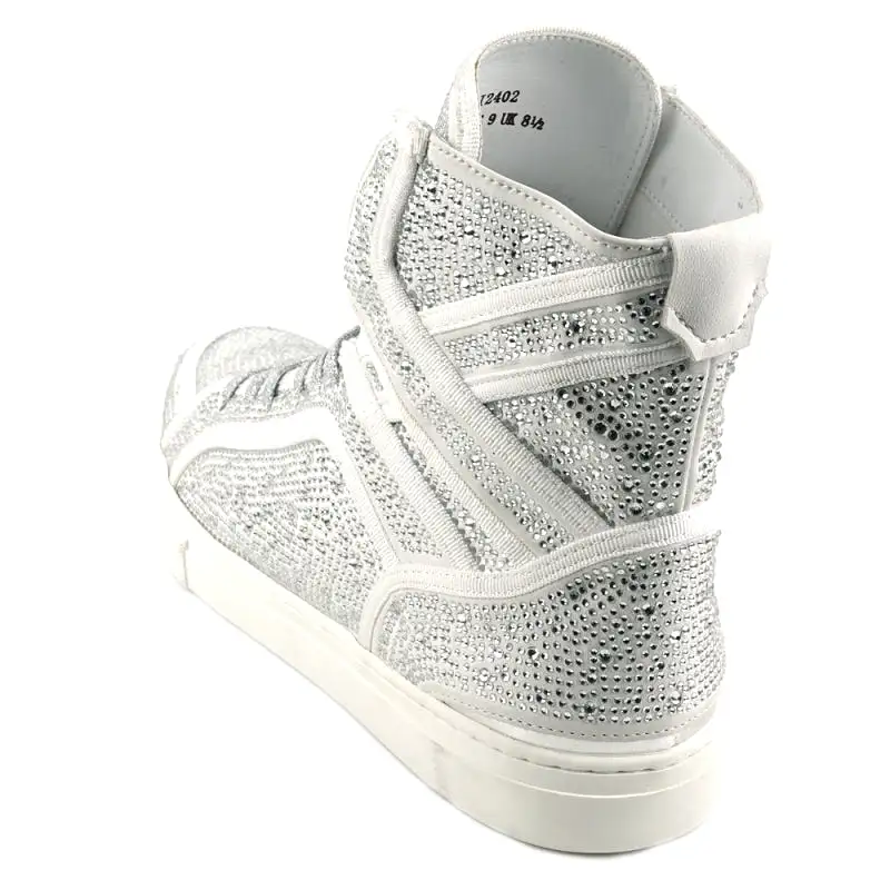 FI-2402 White Rhinestones High Top Sneakers