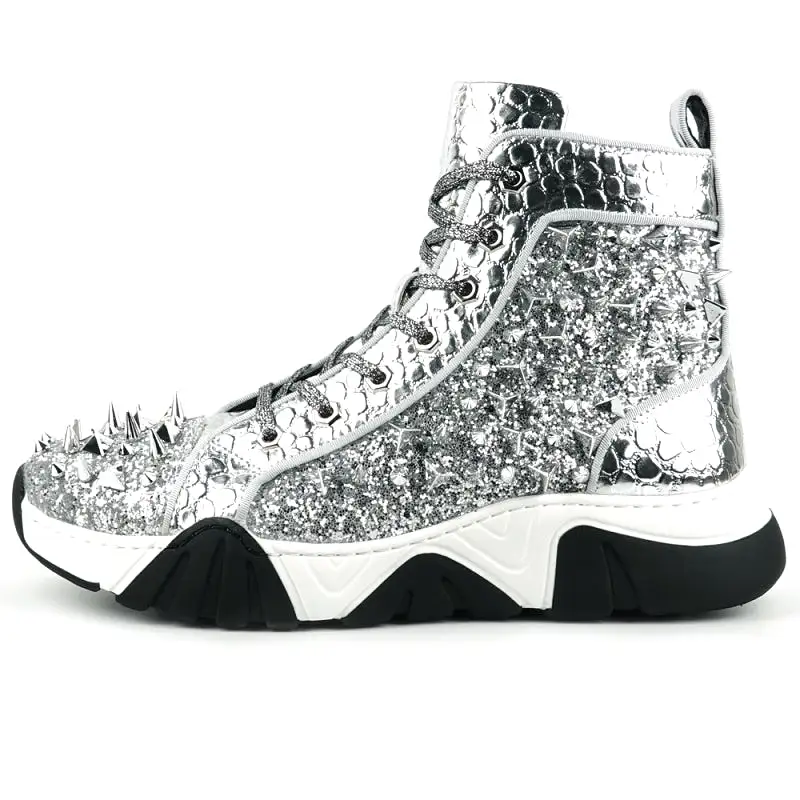 FI-2405 Silver Spikes High Top Sneakers Encore by Fiesso