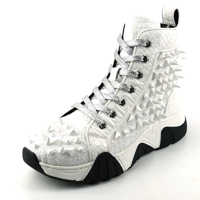 FI-2405 White Spikes High Top Sneakers Encore by Fiesso