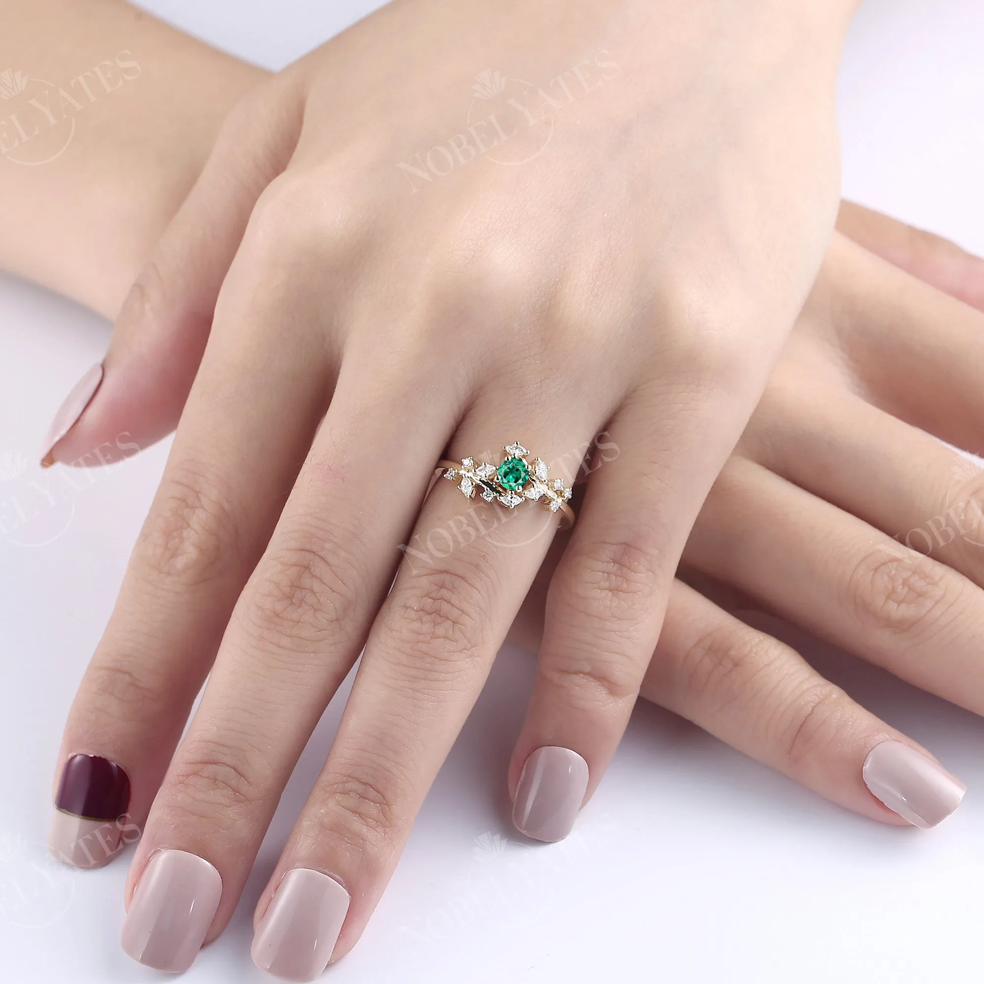 Lab Emerald Round Cut Engagement Ring Leaf And Bypass Style