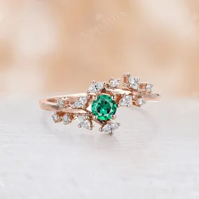 Lab Emerald Round Cut Engagement Ring Leaf And Bypass Style