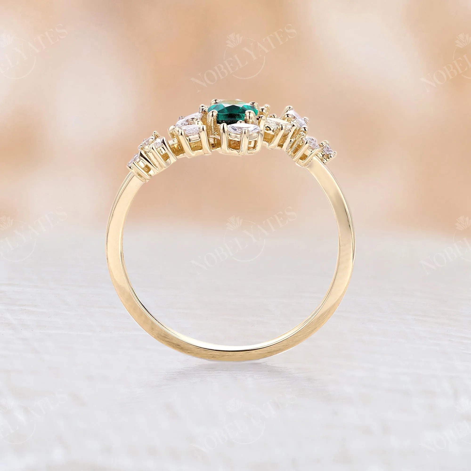 Lab Emerald Round Cut Engagement Ring Leaf And Bypass Style