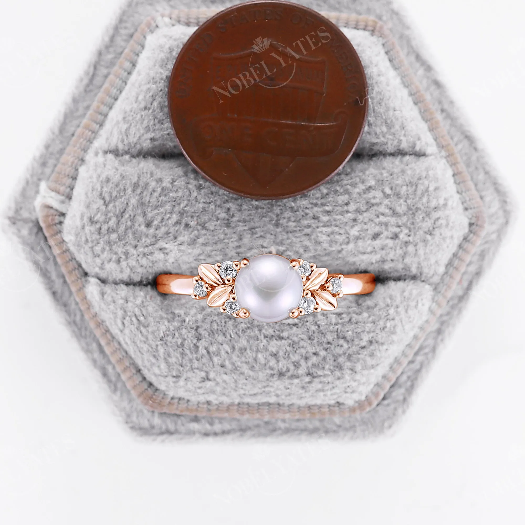 Leaf Style Akoya Pearl Engagement Ring Side Stones