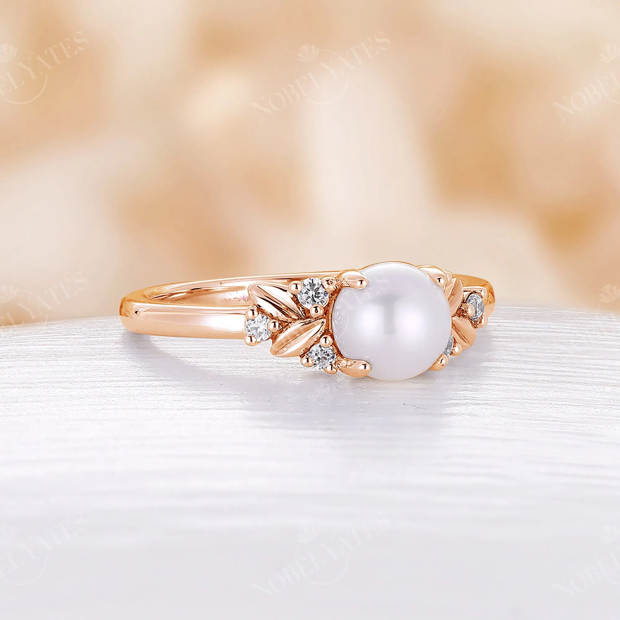 Leaf Style Akoya Pearl Engagement Ring Side Stones