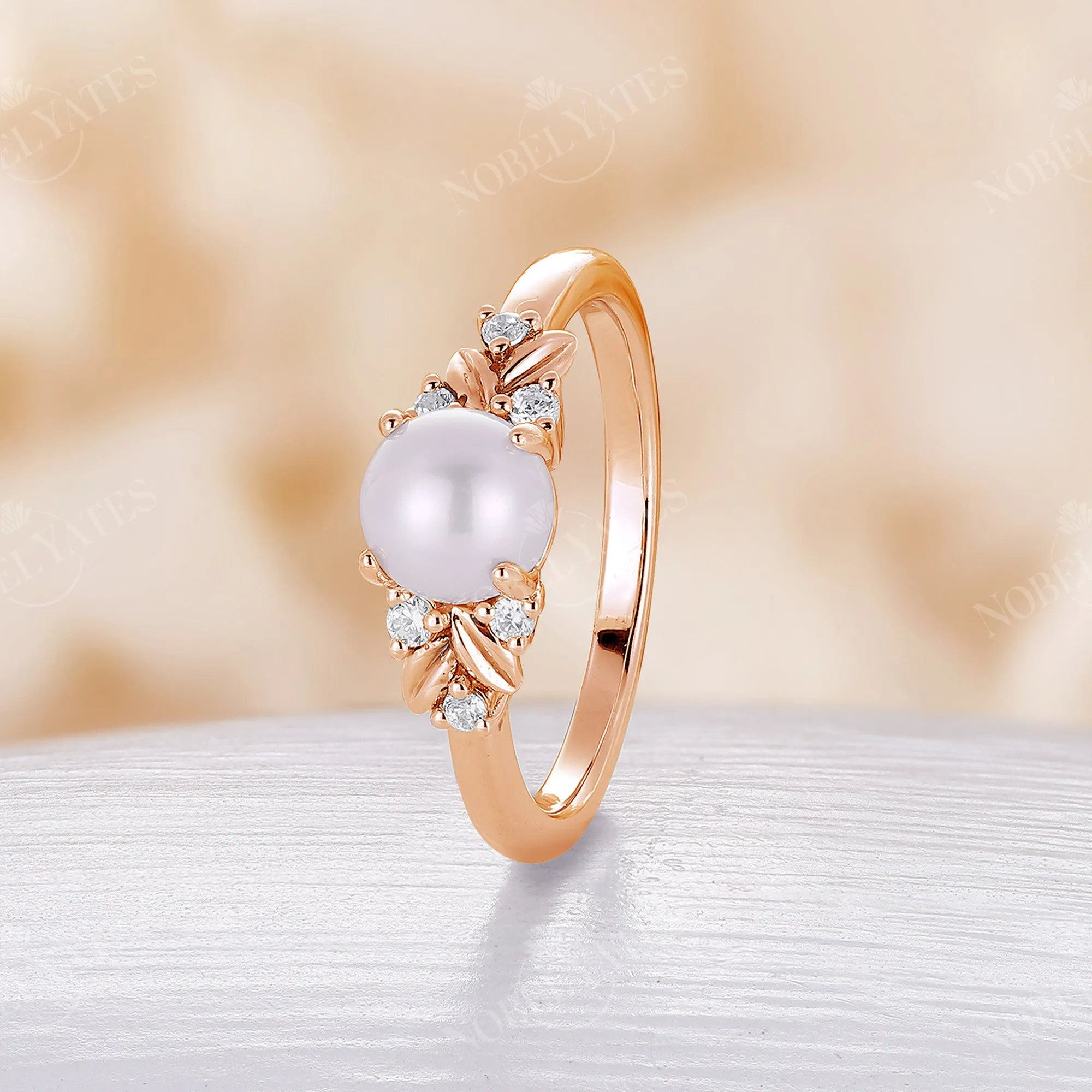 Leaf Style Akoya Pearl Engagement Ring Side Stones