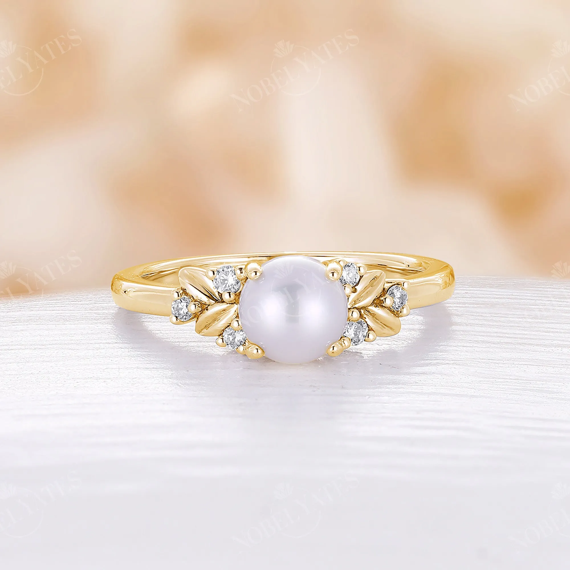 Leaf Style Akoya Pearl Engagement Ring Side Stones