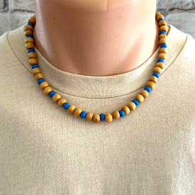 Light Brown and Turquoise Blue Wood Mens Beaded Necklace