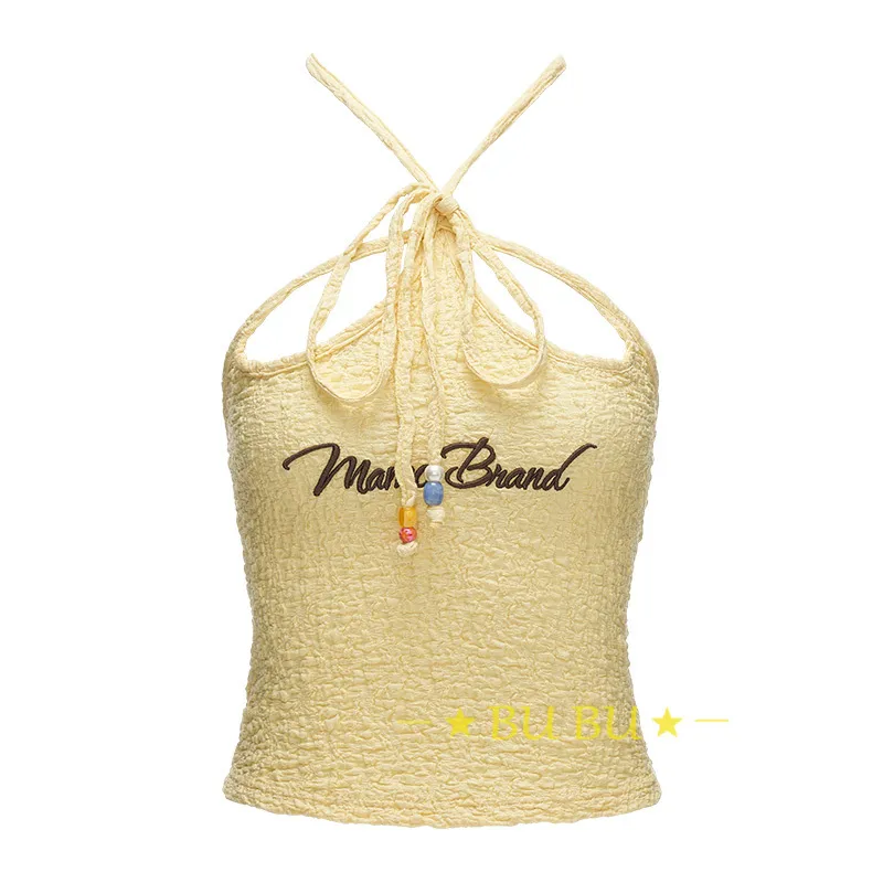 MAMC  |Blended Fabrics Halter Neck Street Style Plain Logo