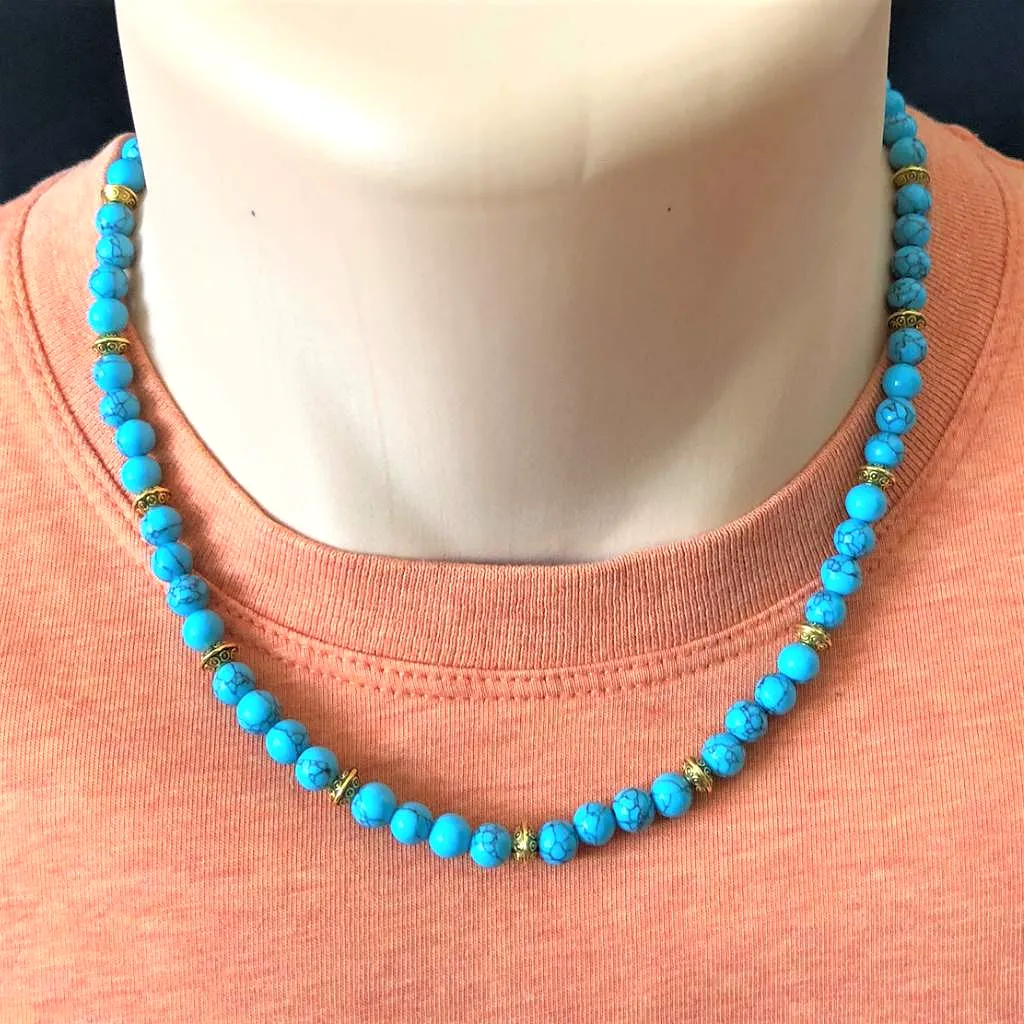 Mens Turquoise Howlite and Gold Disc Beaded Necklace