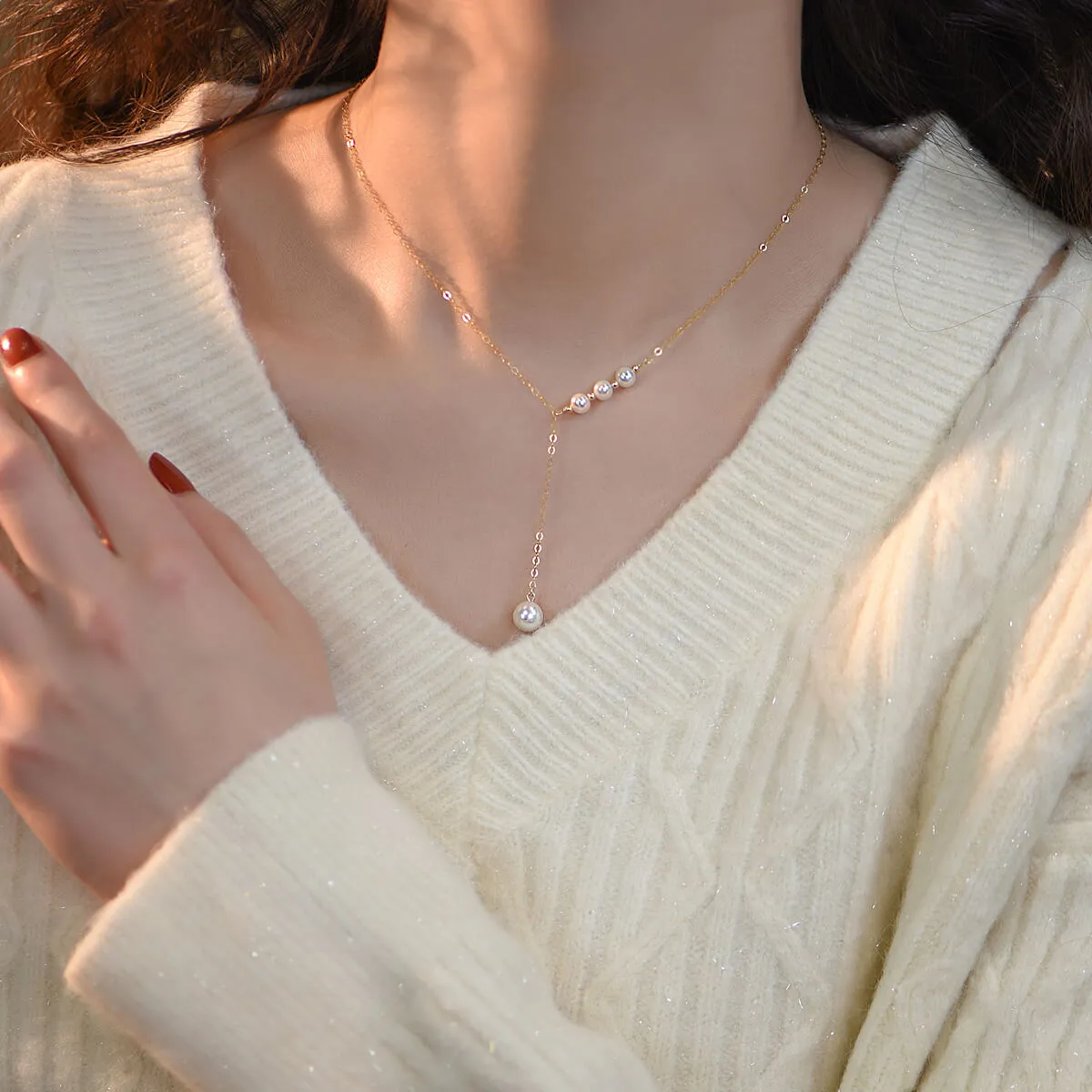 Natural Pearl Y Style Gold Necklace