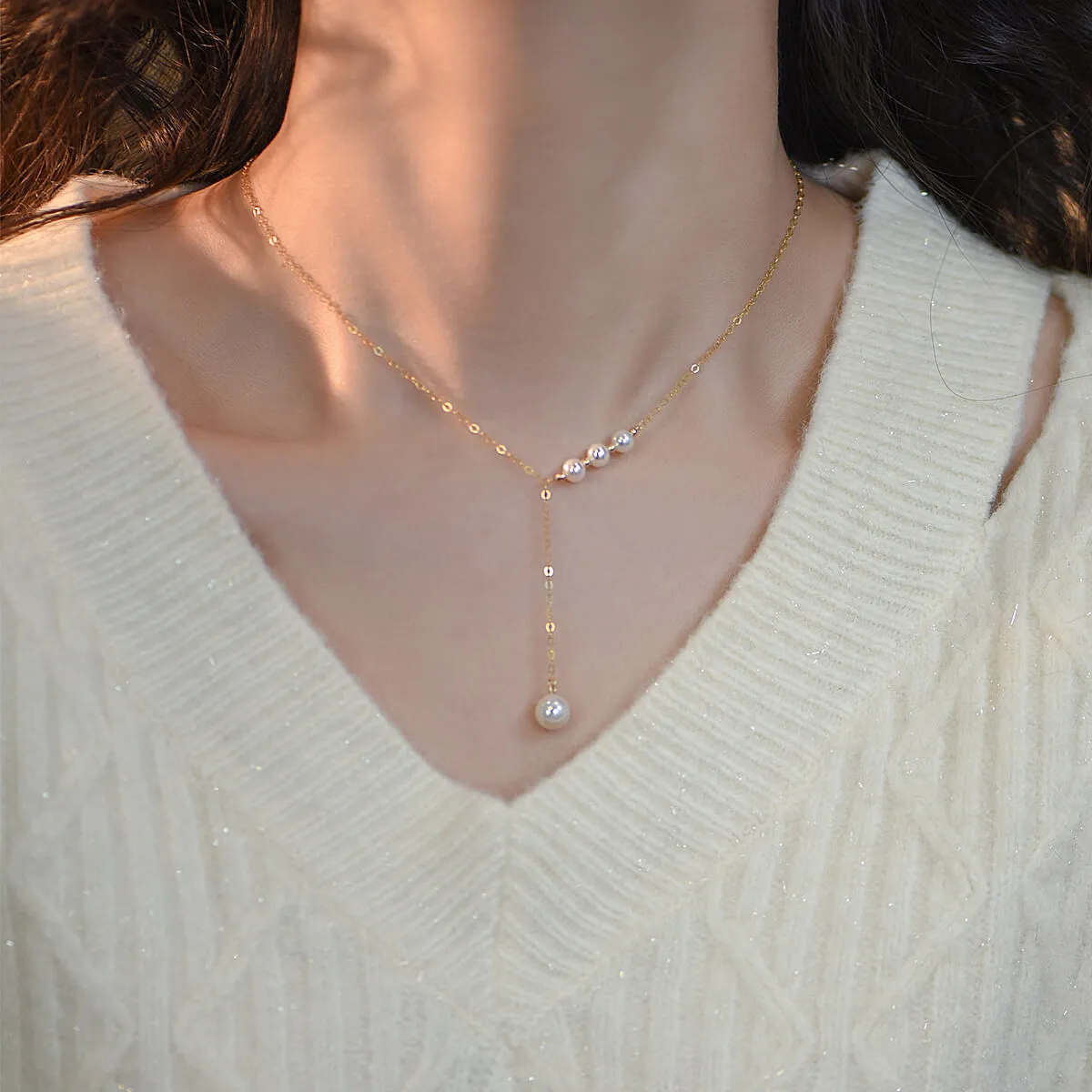 Natural Pearl Y Style Gold Necklace