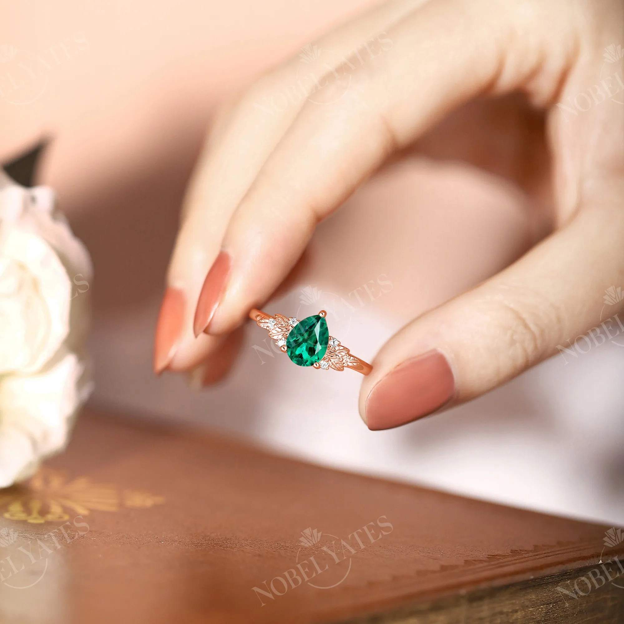 Nature Style Lab Emerald PearEngagement Ring Rose Gold