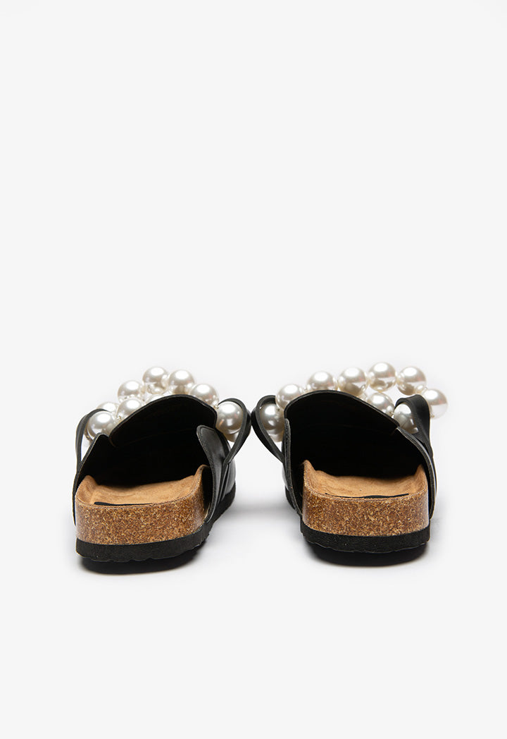 Pearl Embellished PU Leather Mules