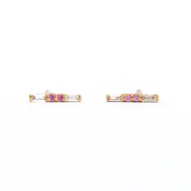 Pink Sapphire & Baguette Diamond Bar Studs