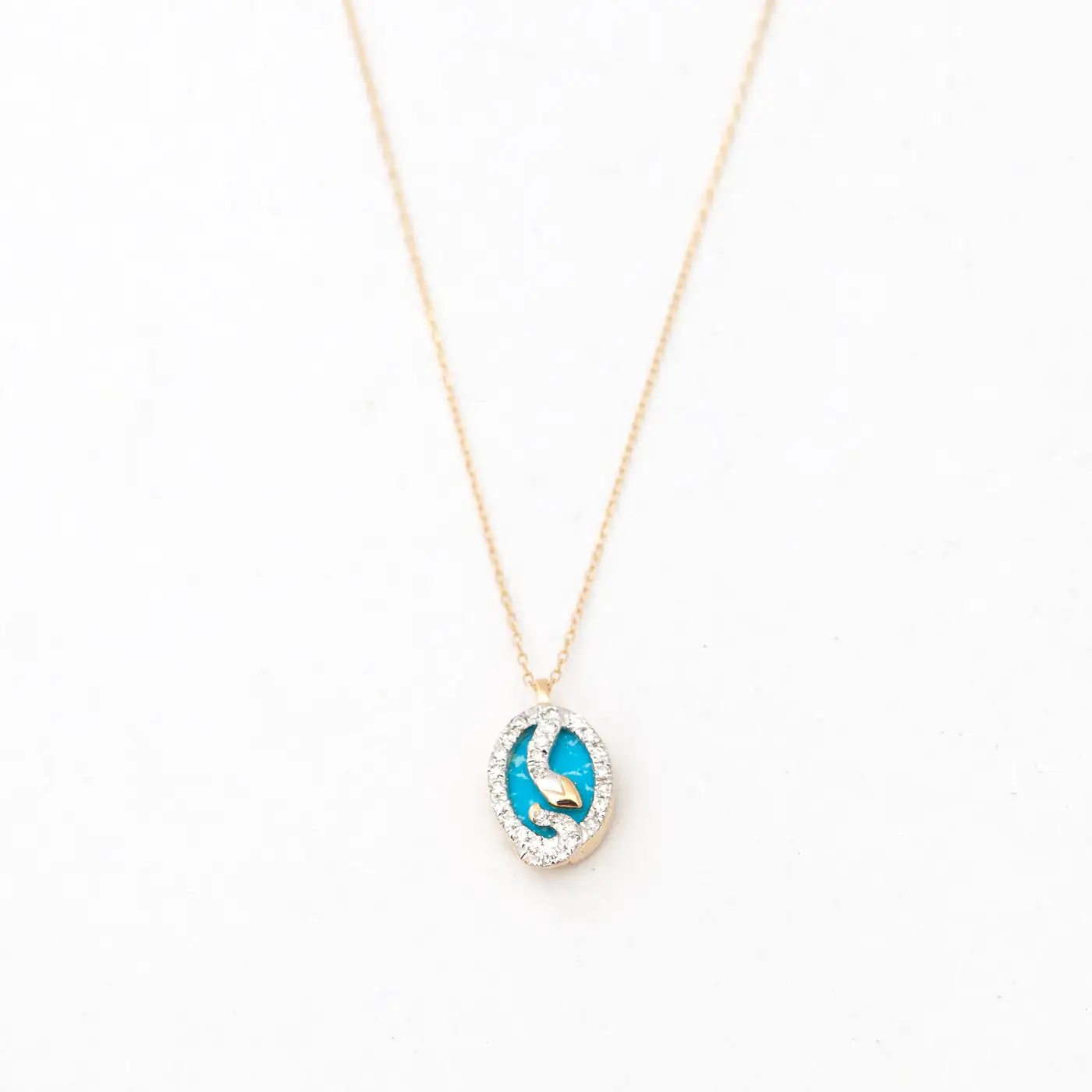 Tiny Turquoise & Diamond Oval Snake Pendant