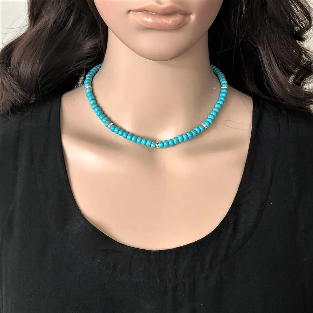 Turquoise Blue Magnesite and Crystal Rondelle Necklace