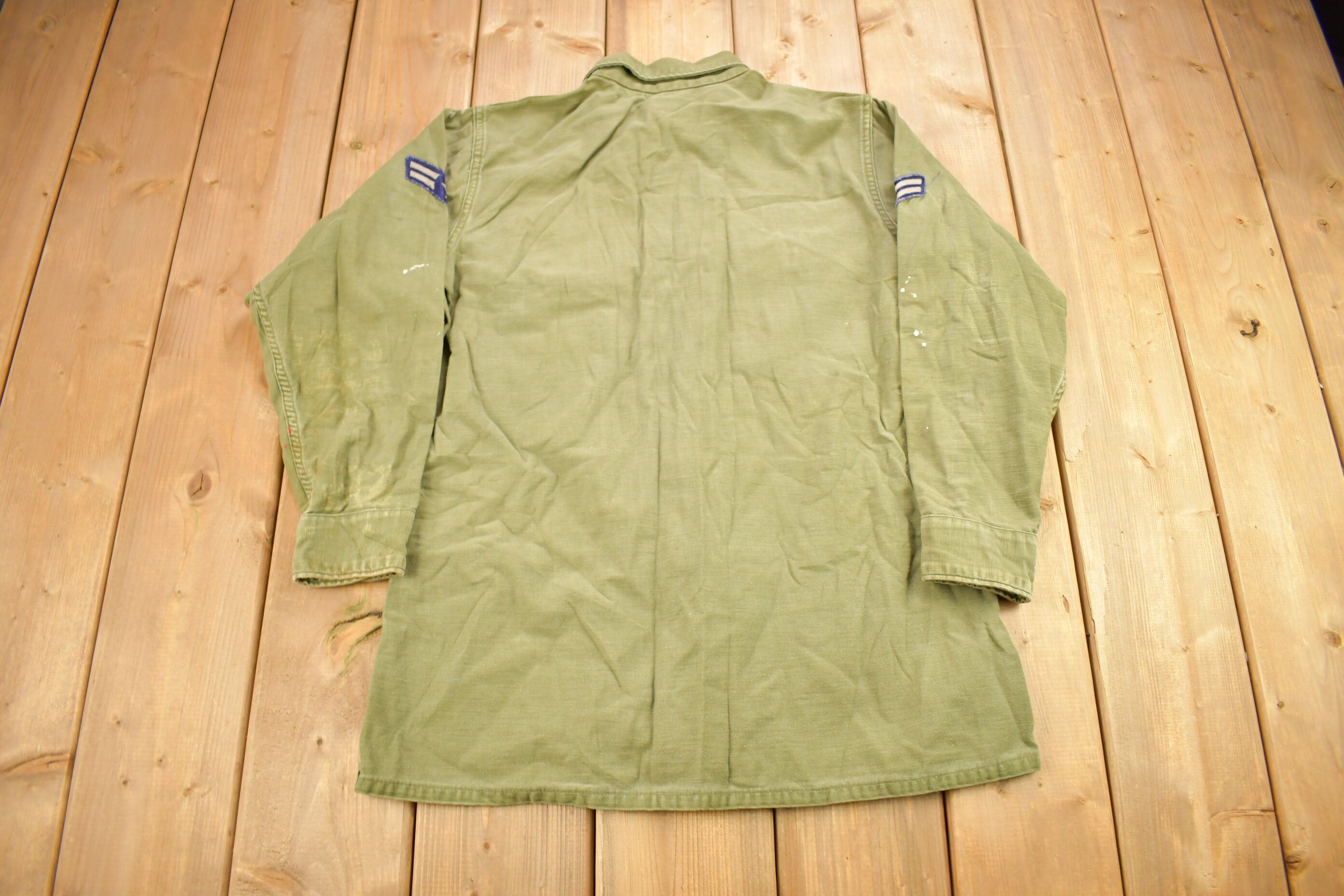 Vintage 1960s OG-107 US Air Force Military Sateen Shirt / US Army Green / Patchwork / Combat Shirt / Seesholtz