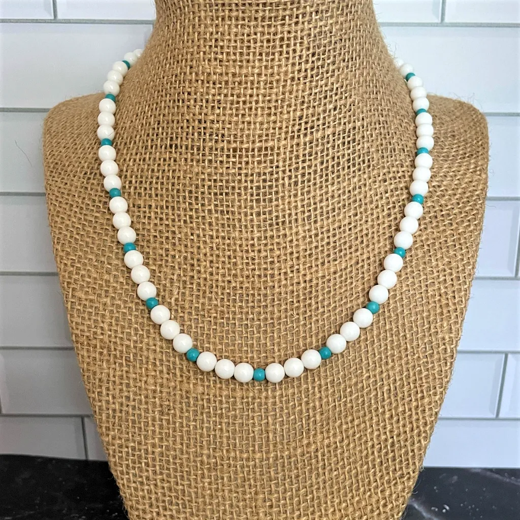 White Czech and Turquoise Mens Beaded Necklace