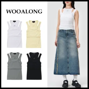 WOOALONG  |Crew Neck Blended Fabrics Sleeveless Street Style Plain Logo